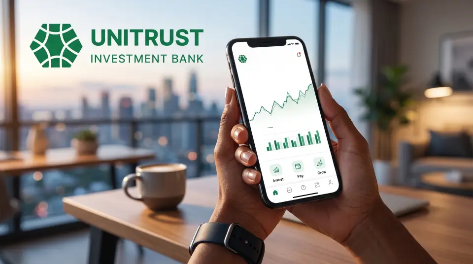 A client checking UNITRUST online banking on a phone over morning coffee.