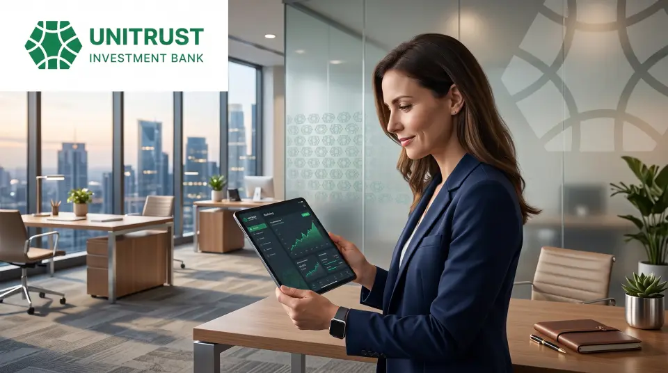 A client reviewing her UNITRUST account on a tablet in a bright office.