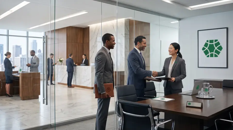 Relationship managers greeting a business client in a UNITRUST meeting room.